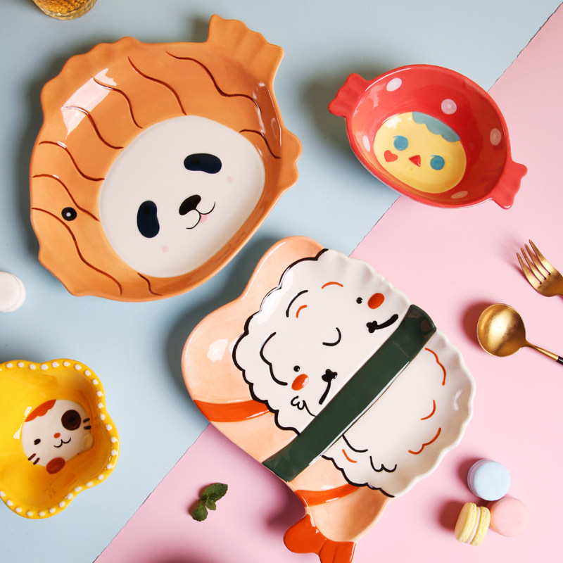 > 小作日式可爱卡通动物陶瓷造型盘饭碗汤碗面碗家用碗碟餐具早餐盘