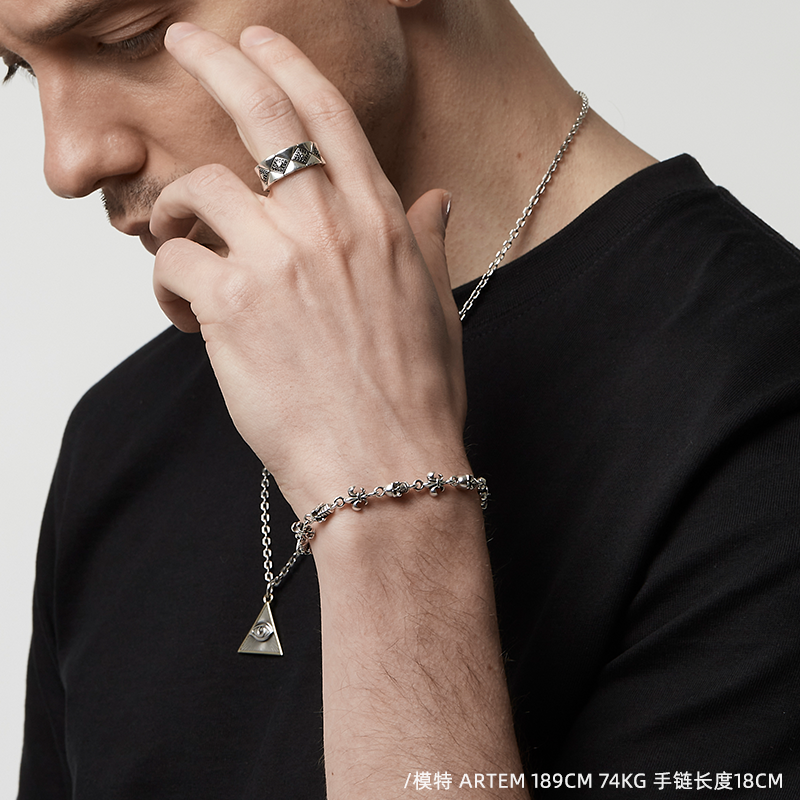 商场同款rockride骷髅鸢尾尾花手链纯银个性潮男手链