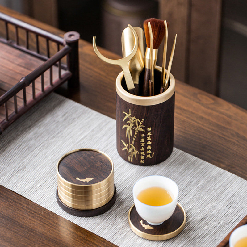 远舍纯铜茶杯托黑檀木杯垫家用功夫功夫茶茶具茶道