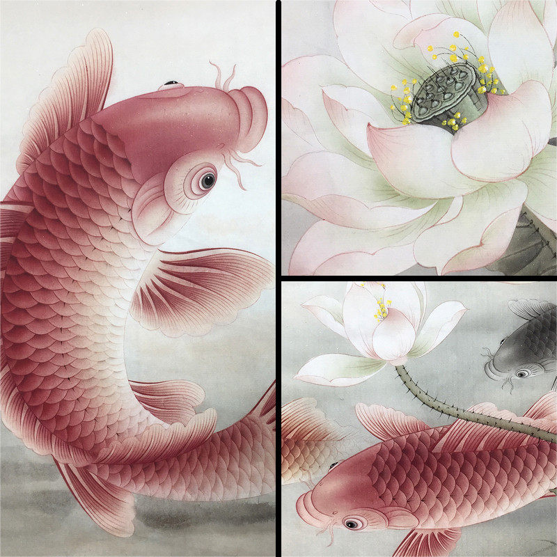 国画手绘荷花九鱼图新中式装饰画工笔画鲤鱼聚财国画