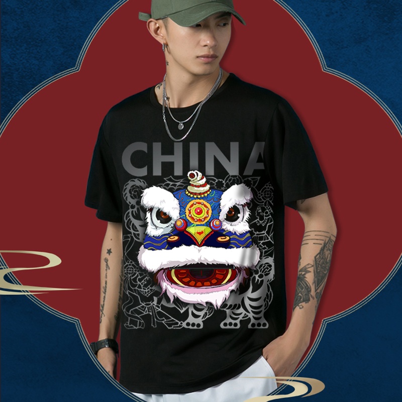 国潮潮流恤港夏季宽松潮牌醒狮短袖男生国风t恤