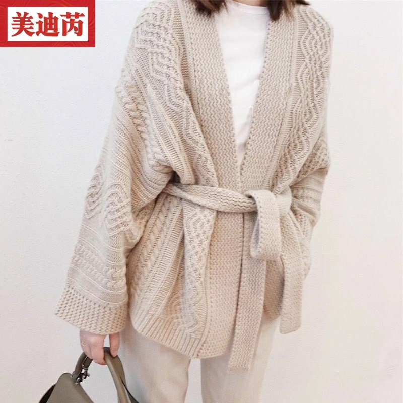 粗棒针毛衣开衫宽松加厚麻花针织外套中长秋冬毛衣