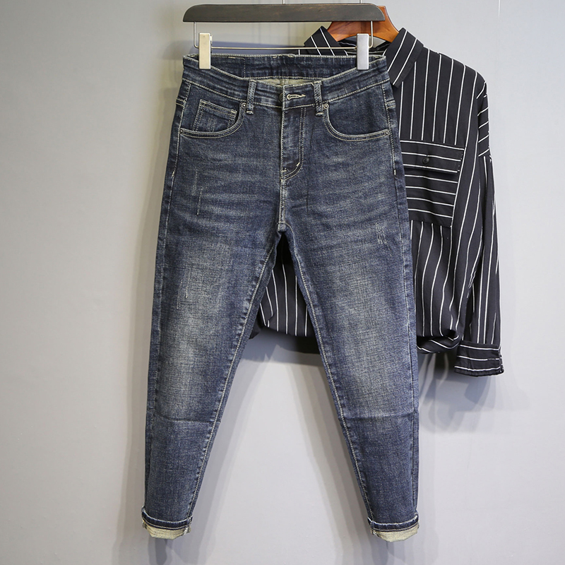 2022简约时尚深蓝色刮烂九分裤男青年春夏新款修身弹力小脚牛仔裤