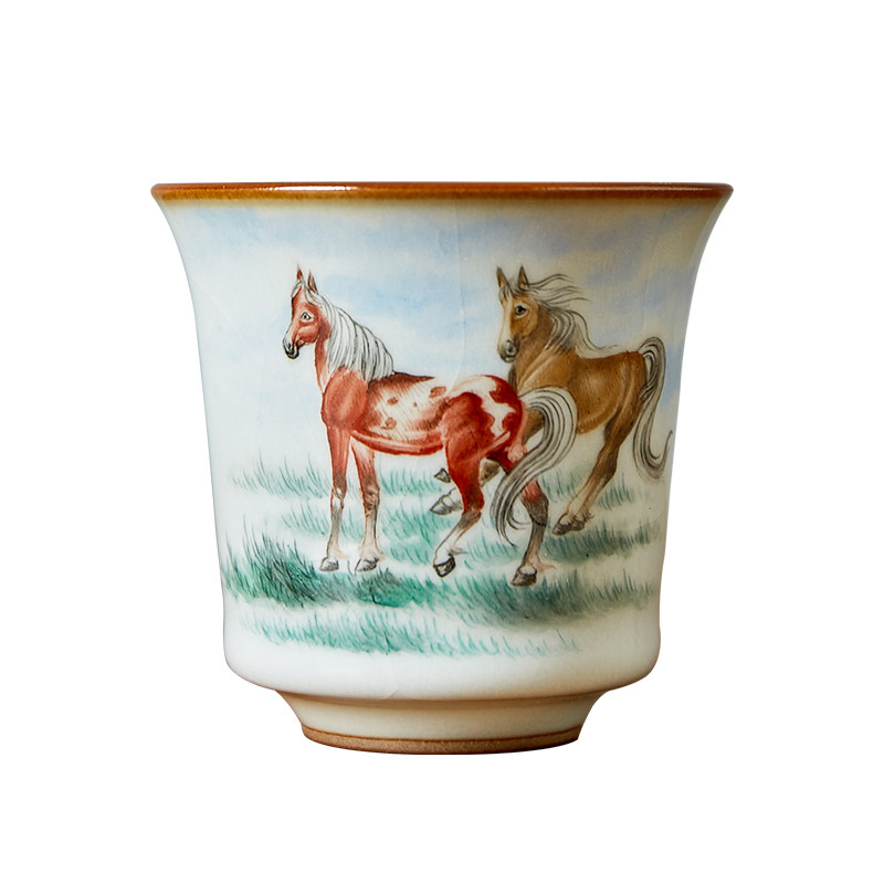 魅汝手绘马到成功茶杯景德镇陶瓷功夫功夫茶茶具品茗主人茶杯