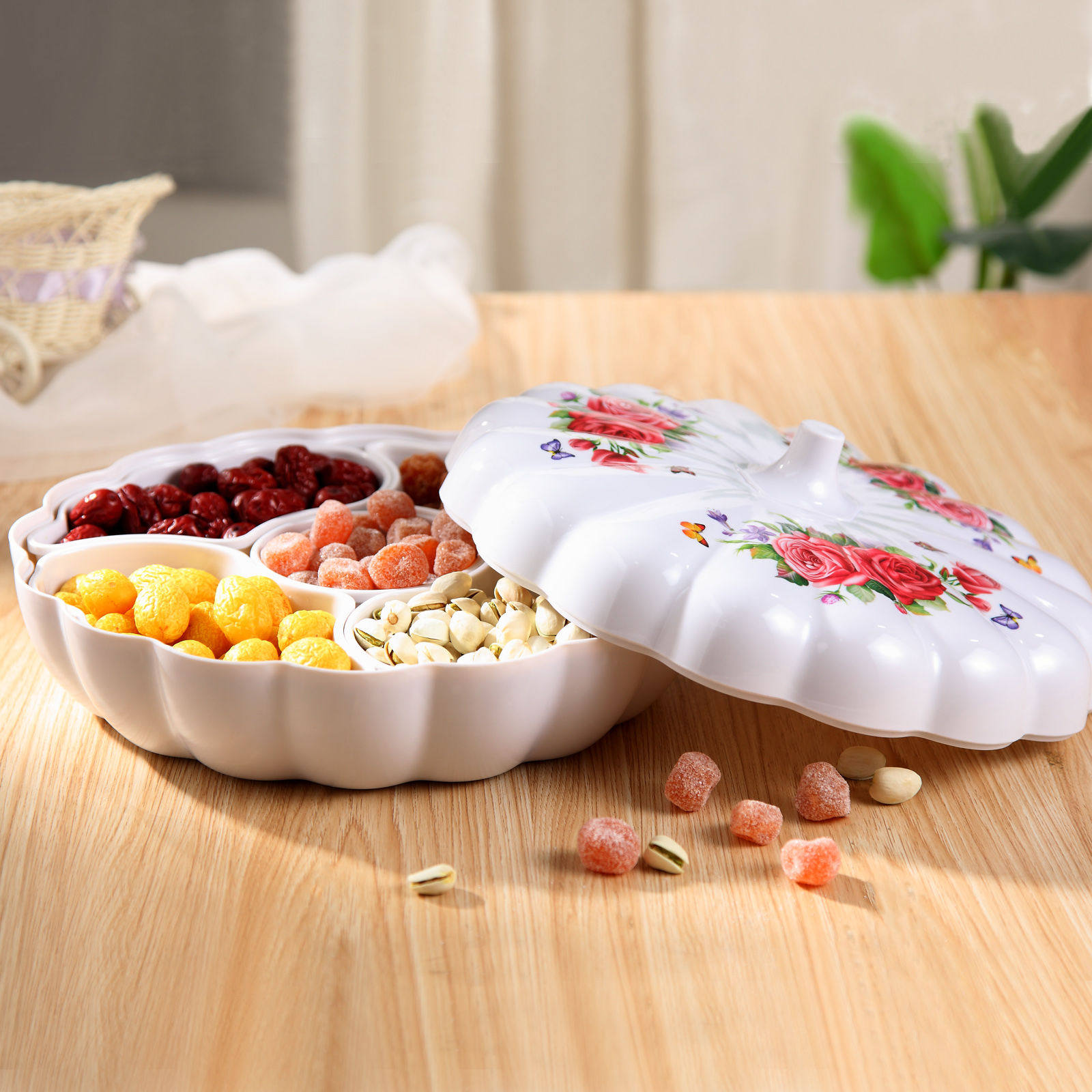 【新品促销】果盒糖果盘婚庆密胺分格带盖果盒水果干果南瓜果盒子