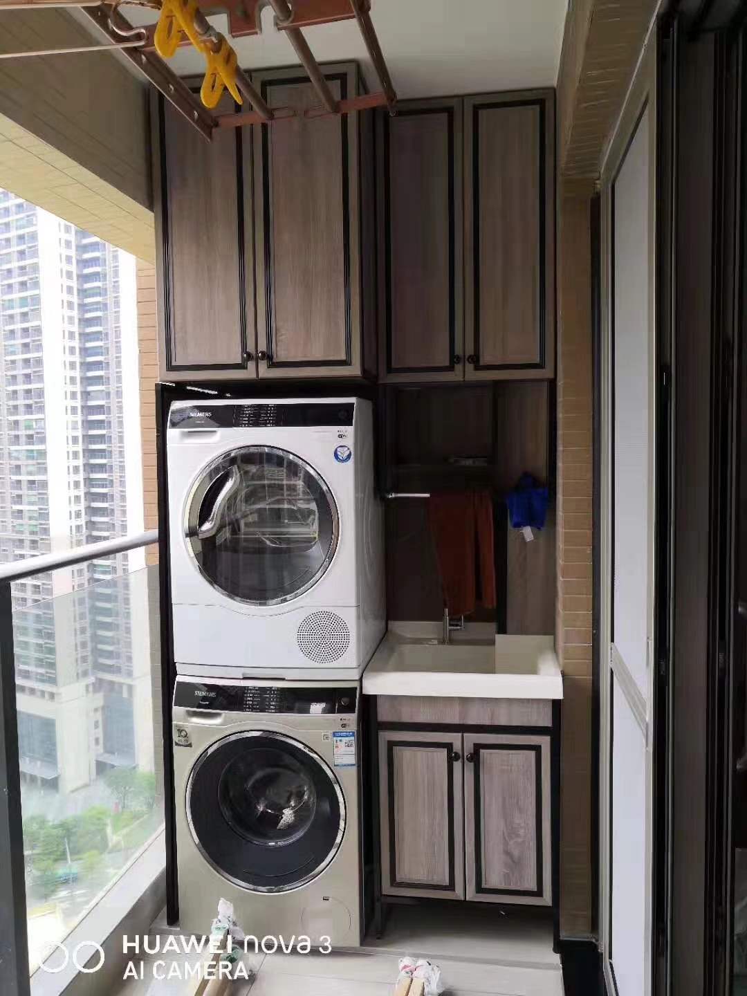定制太空铝阳台双洗衣机烘干机柜石英石台盆洗水池储物组合一体柜