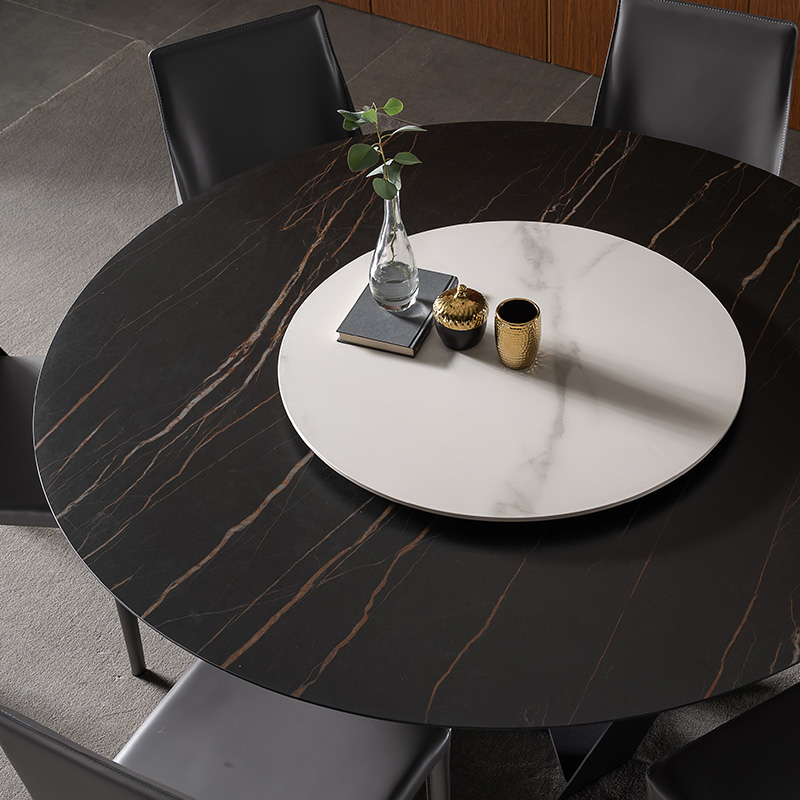 北欧岩板餐桌现代简带转盘圆桌餐厅家用6人大理石餐桌