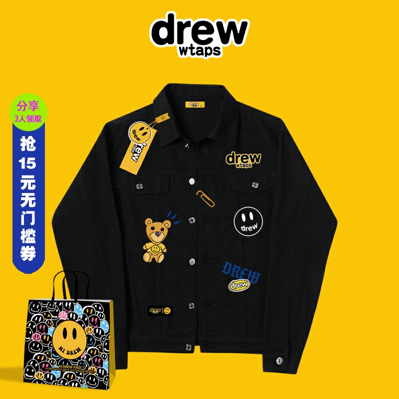 drew hello旗舰店官网联名笑脸涂鸦牛仔夹克情侣装美式牛仔外套男
