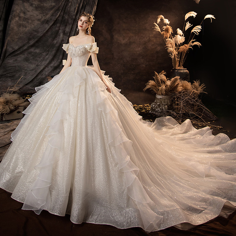 一字森系遮孕大码孕妇幻超梦幻拖尾新娘新款婚纱