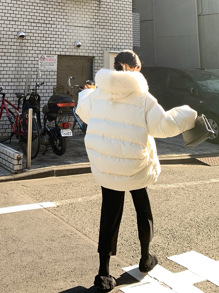 ffan龟背羽绒服短款加厚狐狸大毛毛领小个子羽绒服