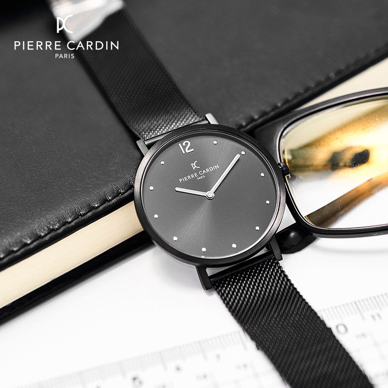 pierrecardin皮尔卡丹法国绅士手表男简约皮带防水石英表黑色大盘