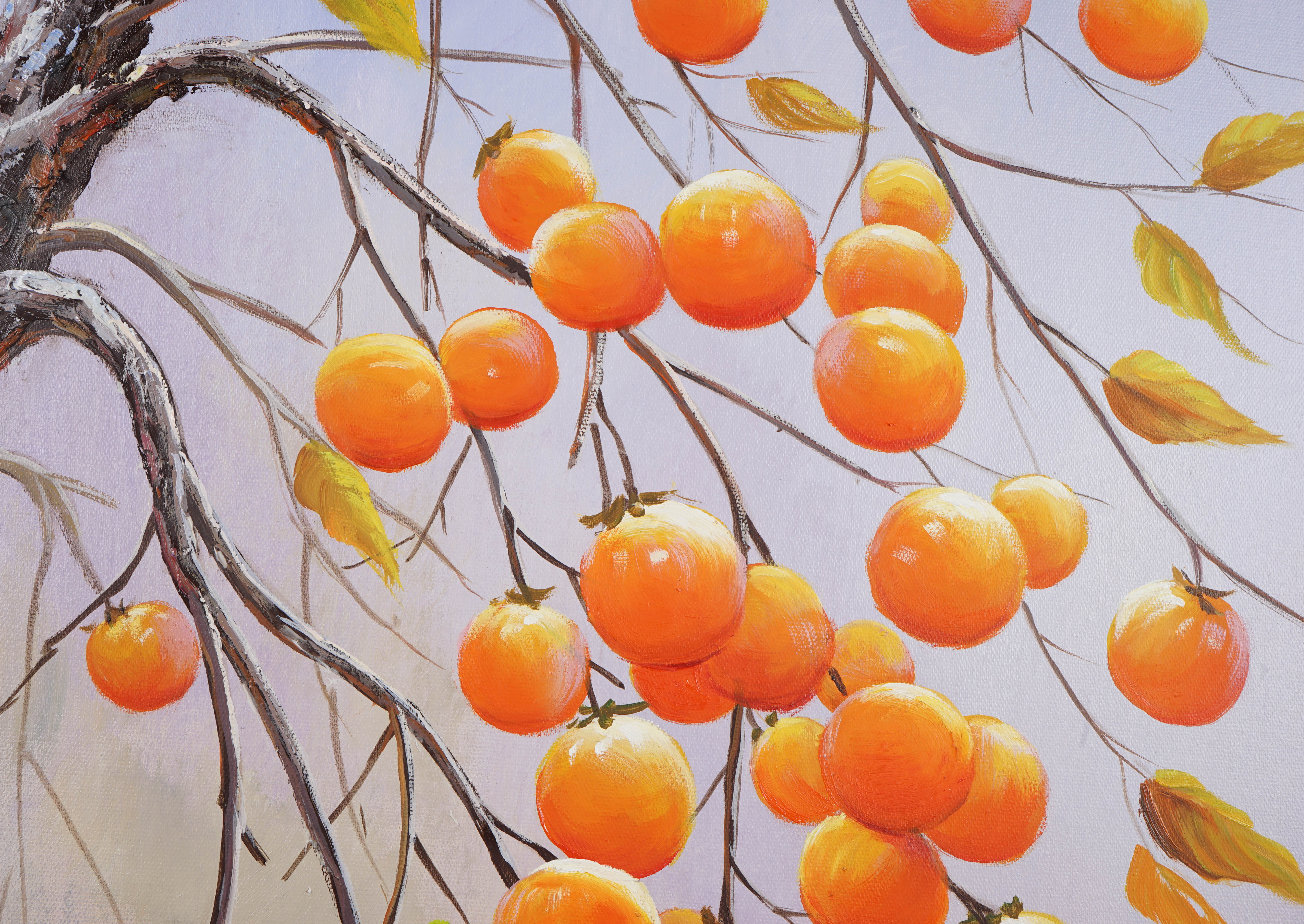 手绘油画装饰画柿子事事如意中式挂画背景墙入户油画