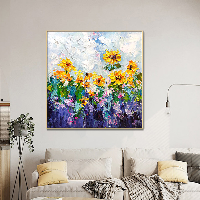 油画挂画客厅玄关装饰画纯手工简约向日葵花卉轻奢风抽象成品画
