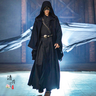 影视古装棉麻黑衣人武侠汉服男客服夜行黑色民族服装