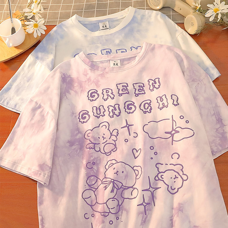 芃漫趣味小熊扎染夏季短袖日系网红BF风情侣tee恤古着文艺男女T恤