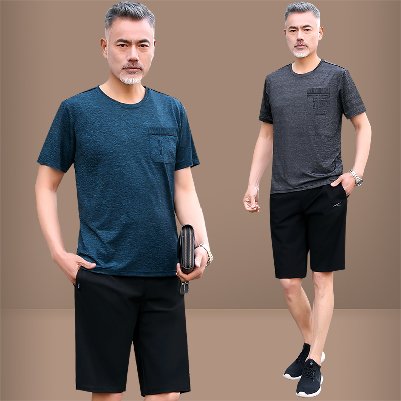 爸爸装夏装套装短袖t恤冰丝男士运动休闲中老年人体恤衫宽松衣服