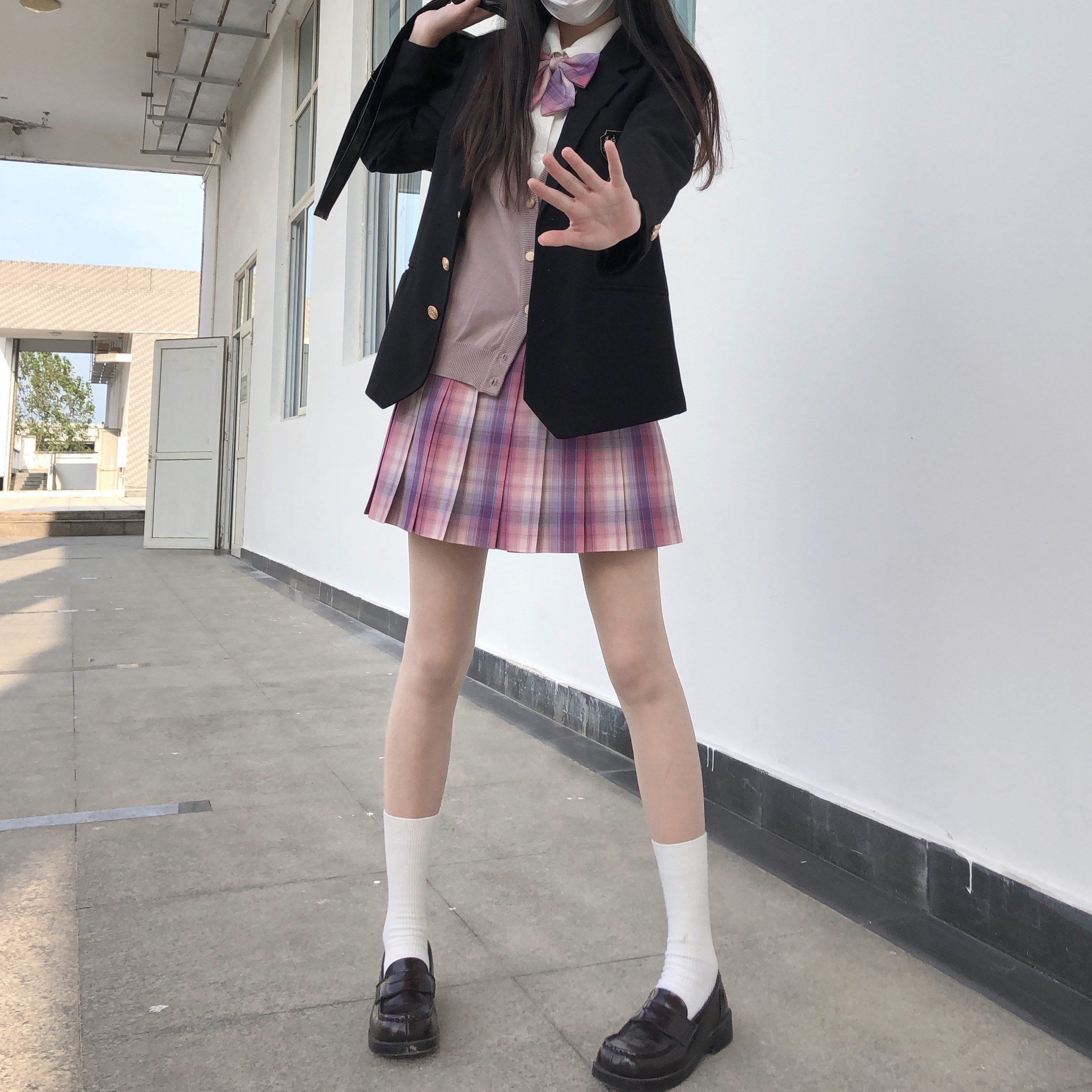 格裙秋季半身原创日系可爱jk海月间紫格粉白学生校服