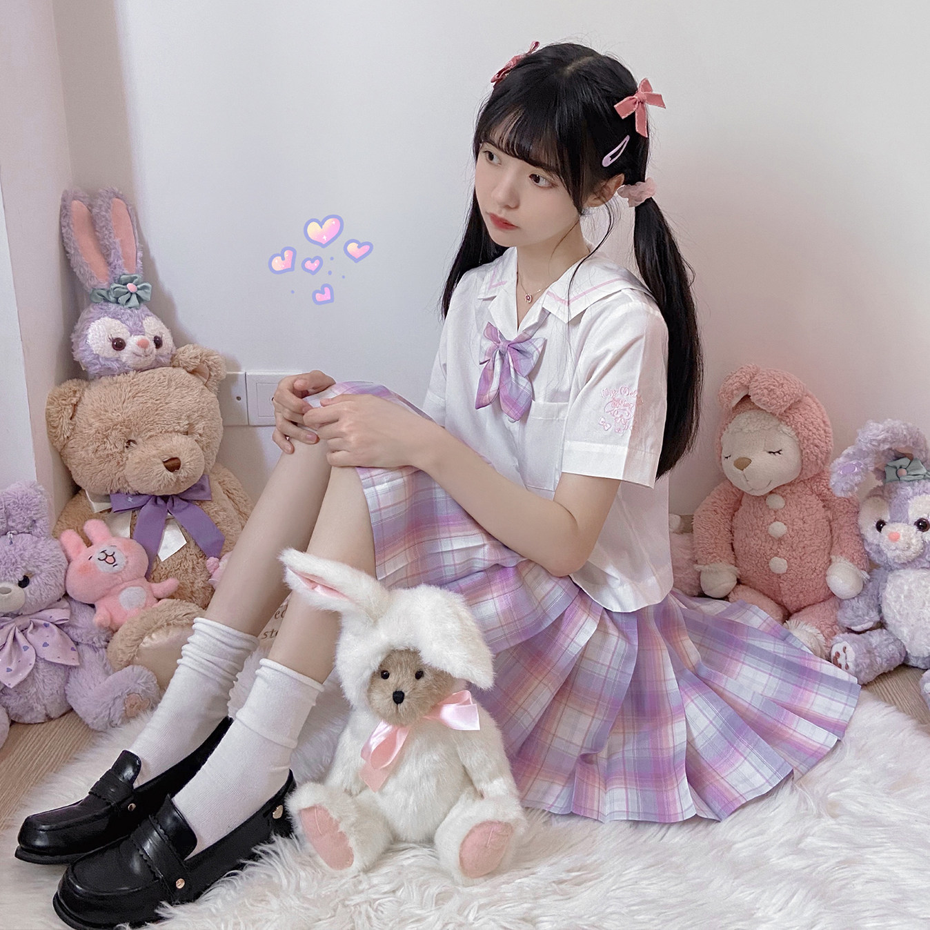 现货甜美百褶裙少女格裙jk粉紫原创学生校服