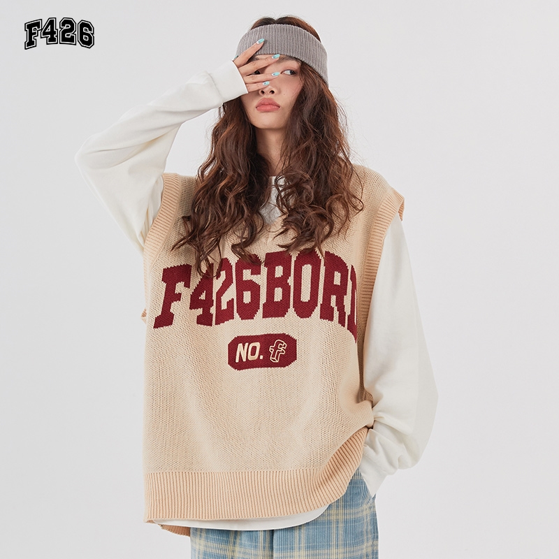 【F426官方店】国潮牌秋季情侣嘻哈运动字体毛衣宽松休闲背心