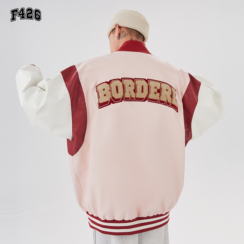 【F426官方店】国潮牌秋季情侣嘻哈粉白拼接棒球宽松休闲外套