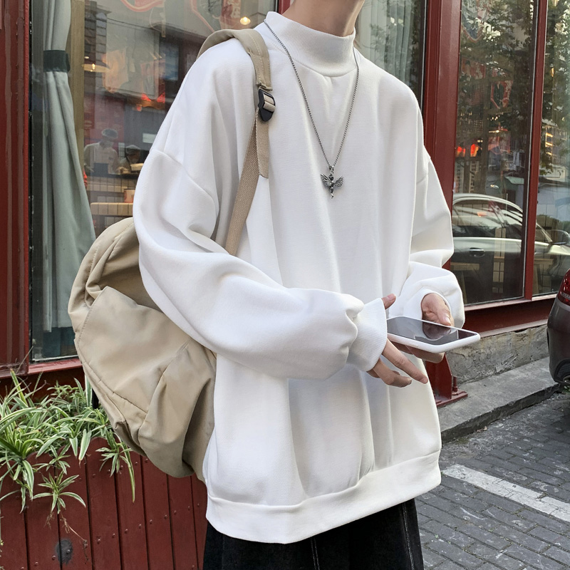 春秋季冬季半高领卫衣男生ins潮牌纯色加绒内搭打底衫长袖上衣服