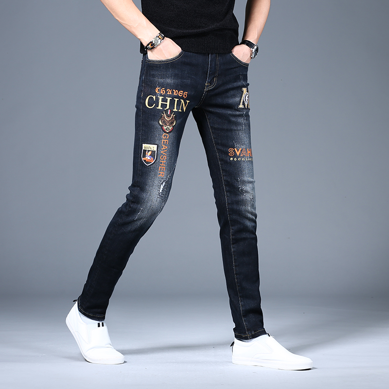 男士高端刺绣印花牛仔裤男潮牌破洞休闲潮流韩版弹力修身小脚长裤