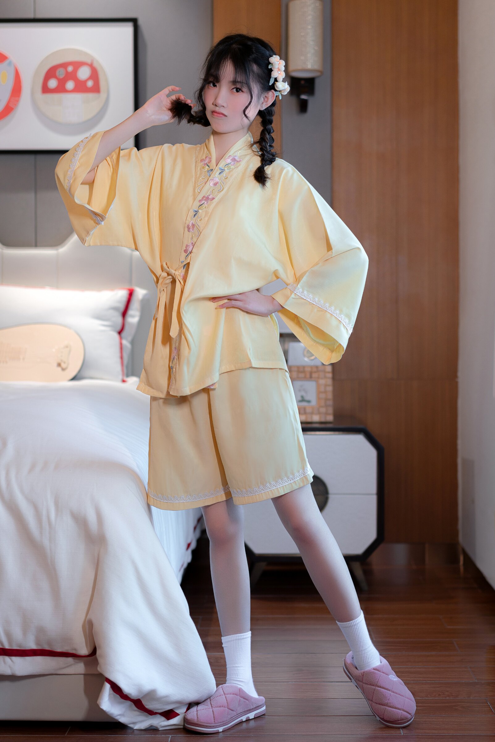 朴坊原创天丝睡衣白菜汉服女刺绣交领短裤春夏汉服