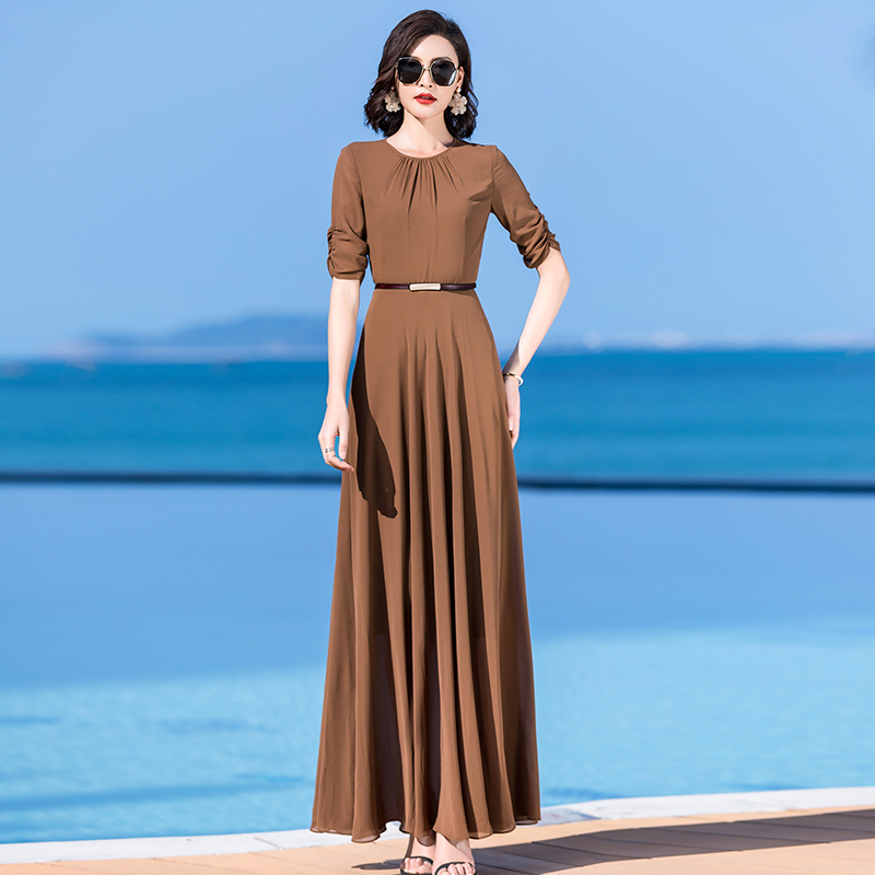 气质雪纺连衣裙女长款过膝大摆裙子2021夏季新款连衣裙