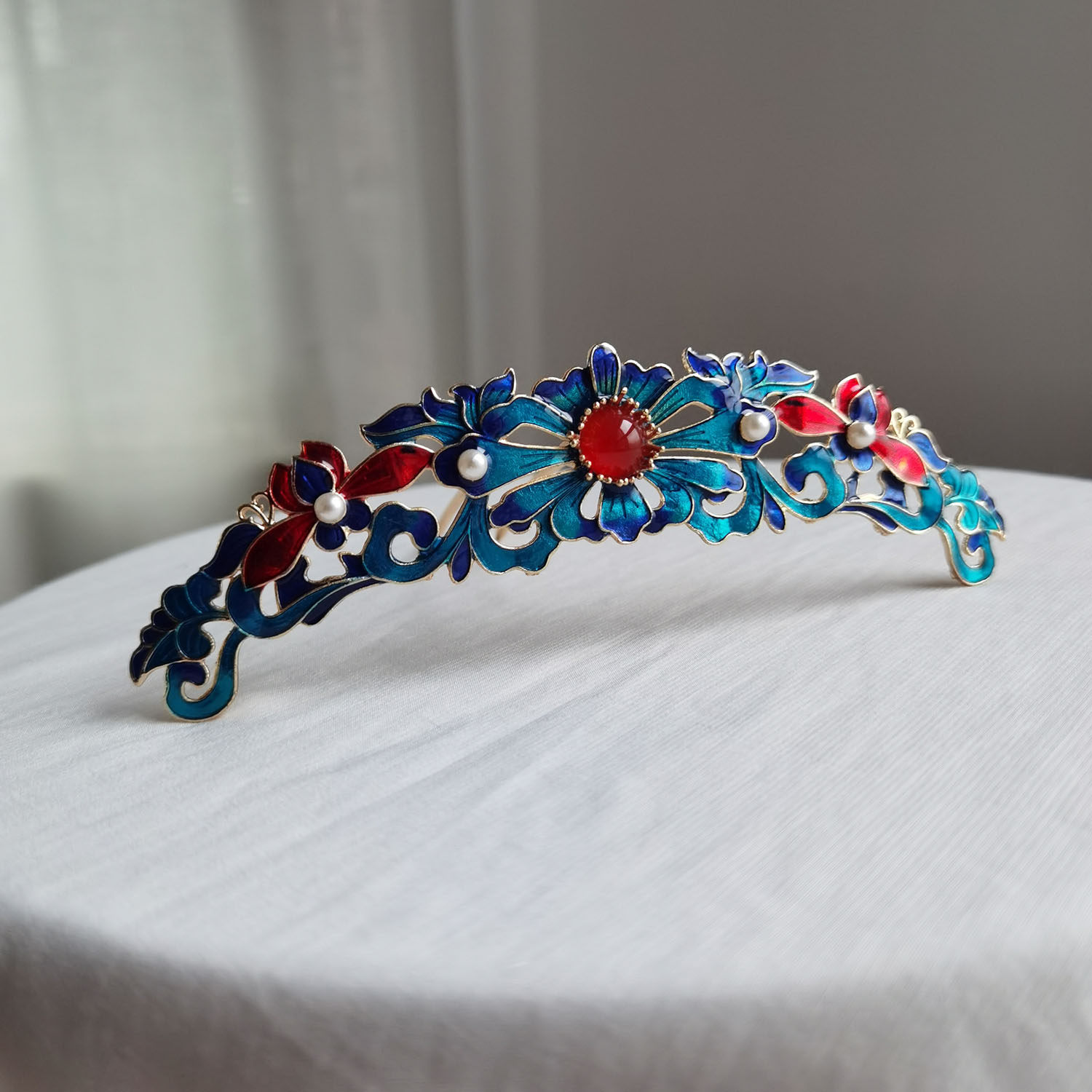 念念桃花烧蓝牡丹花发冠珍珠玛瑙对称顶簪发冠明发饰