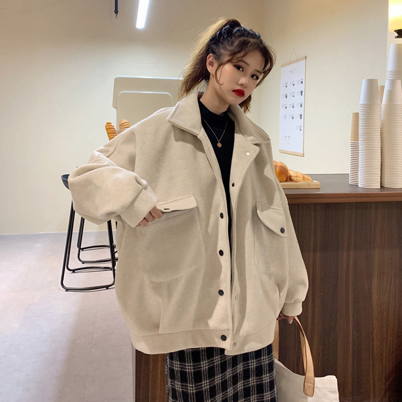 2021秋冬毛呢外套女潮日系复古加厚男友风百搭宽松工装呢子大衣潮