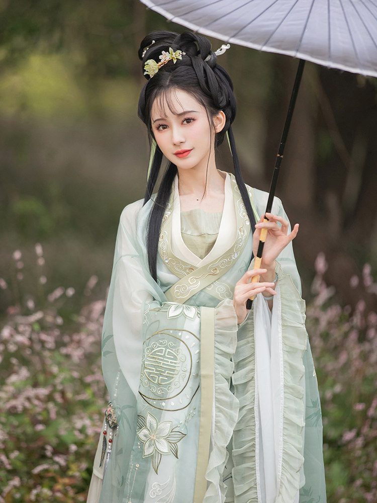 钟灵记湘妃竹一片片式褶裙大袖襦内搭围荷包裲裆女汉服