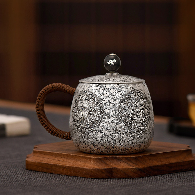 银器时代吉祥八宝茶缸纯银999寸金文老师手工茶杯