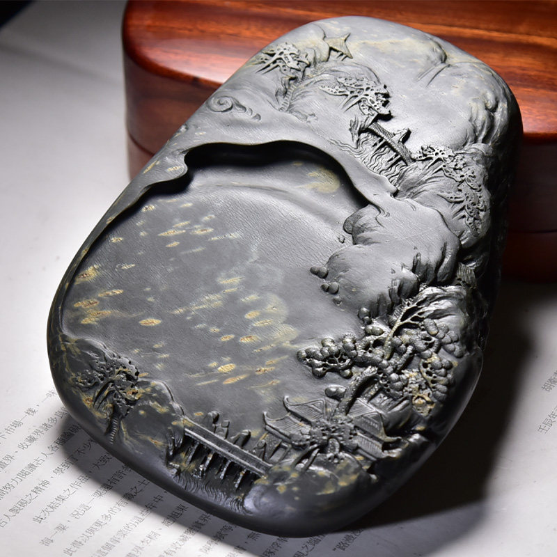 国家非遗安徽名砚江南秋雨歙砚原石水玄坑水波金星砚端砚砚台中小楷