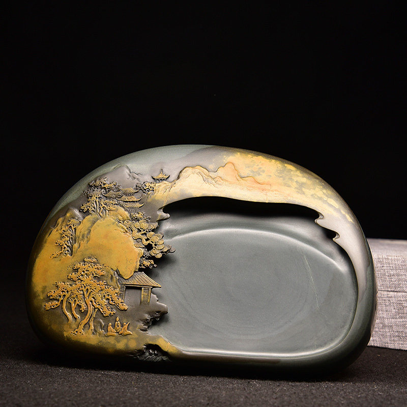 精品水坑专用研墨国画书法摆件意境山水金晕籽砚台