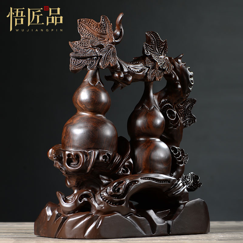 檀木木雕葫芦摆件实木木质雕刻福寿双全家居装饰工艺品木雕