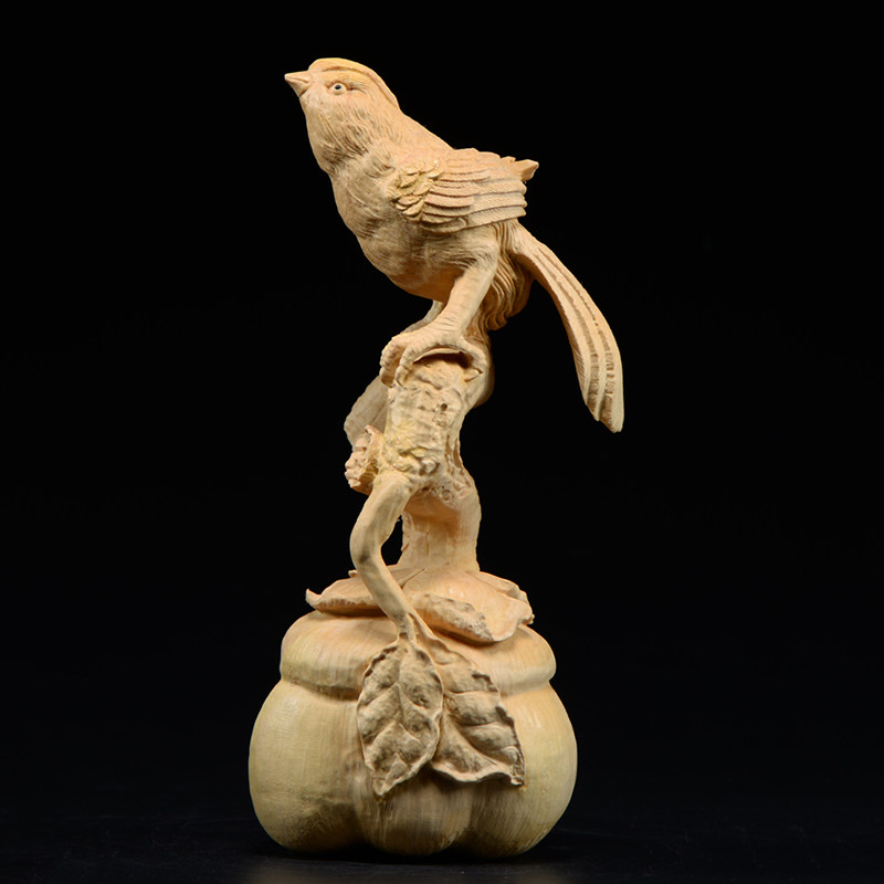小叶黄杨木雕喜获丰收摆件实木木头雕刻喜鹊枝头木雕