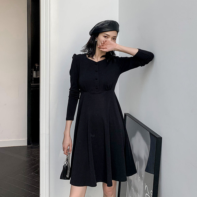 keely宜立女装温柔蓬蓬纯色复古裙摆连衣裙