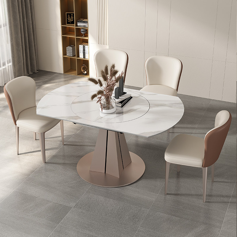 现代轻奢岩板餐桌可变圆桌带转盘家用小户型圆型折叠伸缩变形餐桌