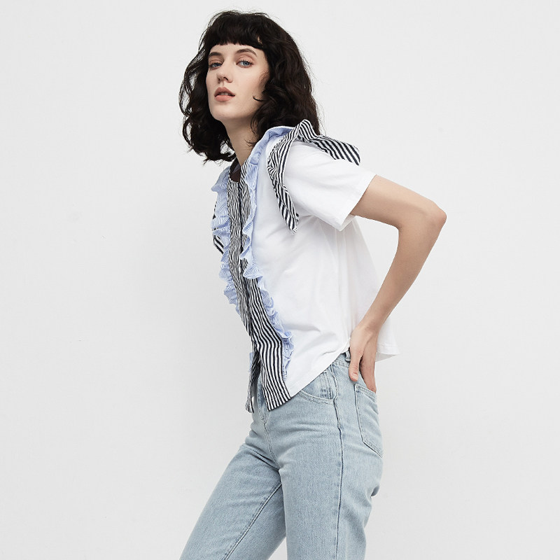 cubic珂璧春夏新款港风条纹撞色拼接显瘦甜美衬衫