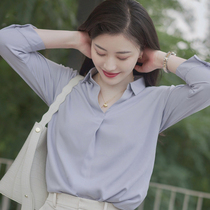 Summer retro port Taste Sweet temperament Polo collar blouses blue long sleeve shirt womens dress 2021 New