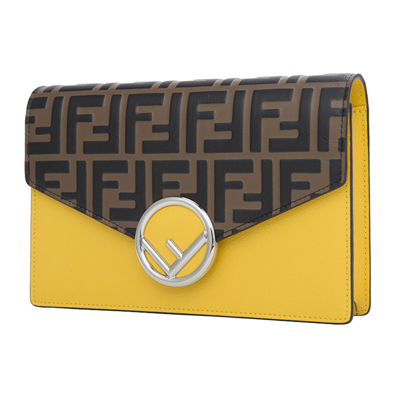 fendi芬迪金属logo装饰牛皮棕黄色女士包袋单肩斜跨链条包官方