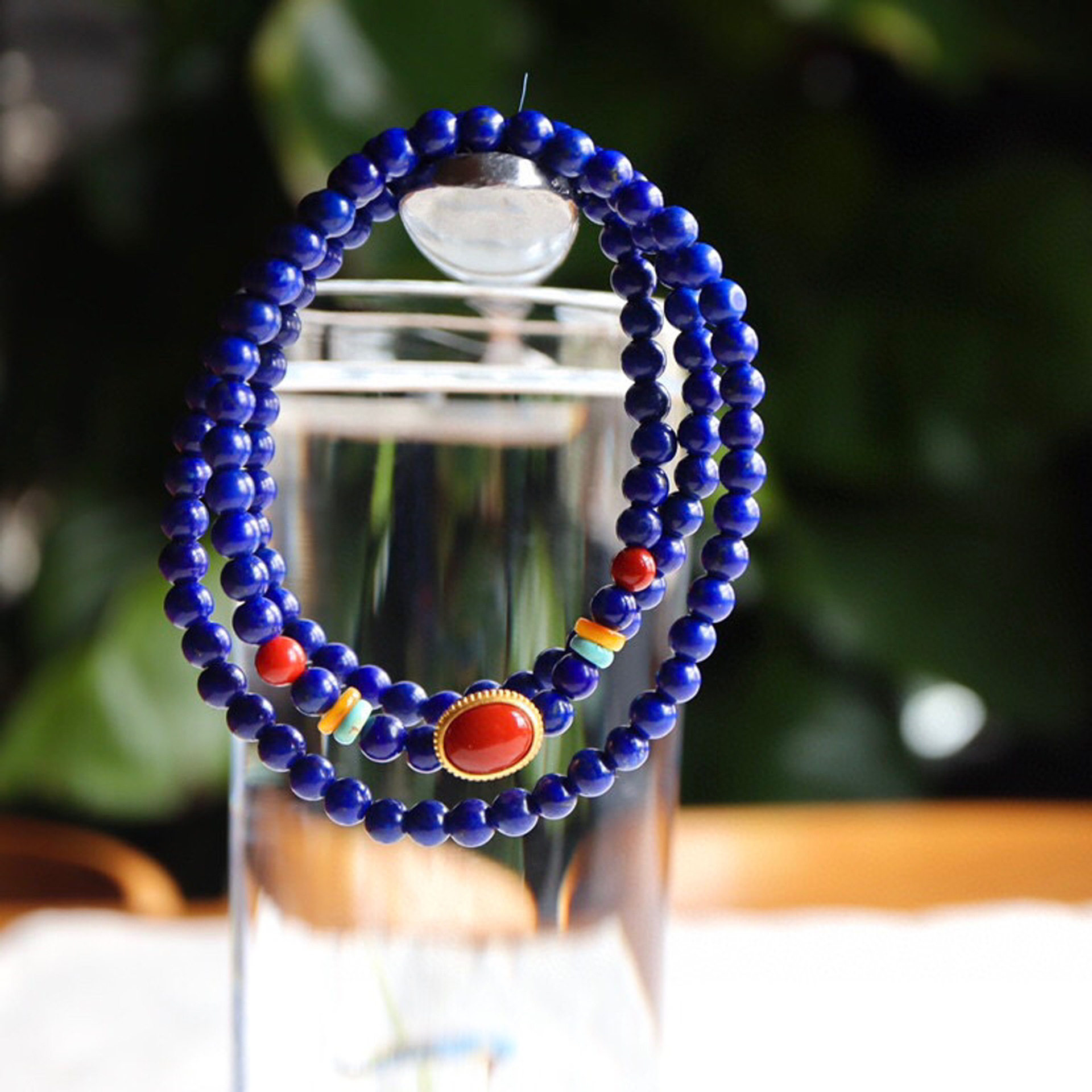 阿富汗老矿料青金石三圈手链原创青金搭配银精手链