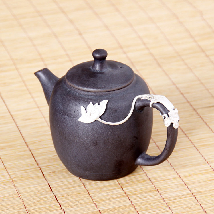 茶壶粗陶银斑釉镶禅意荷花弘道陶瓷茶具沏茶开水器
