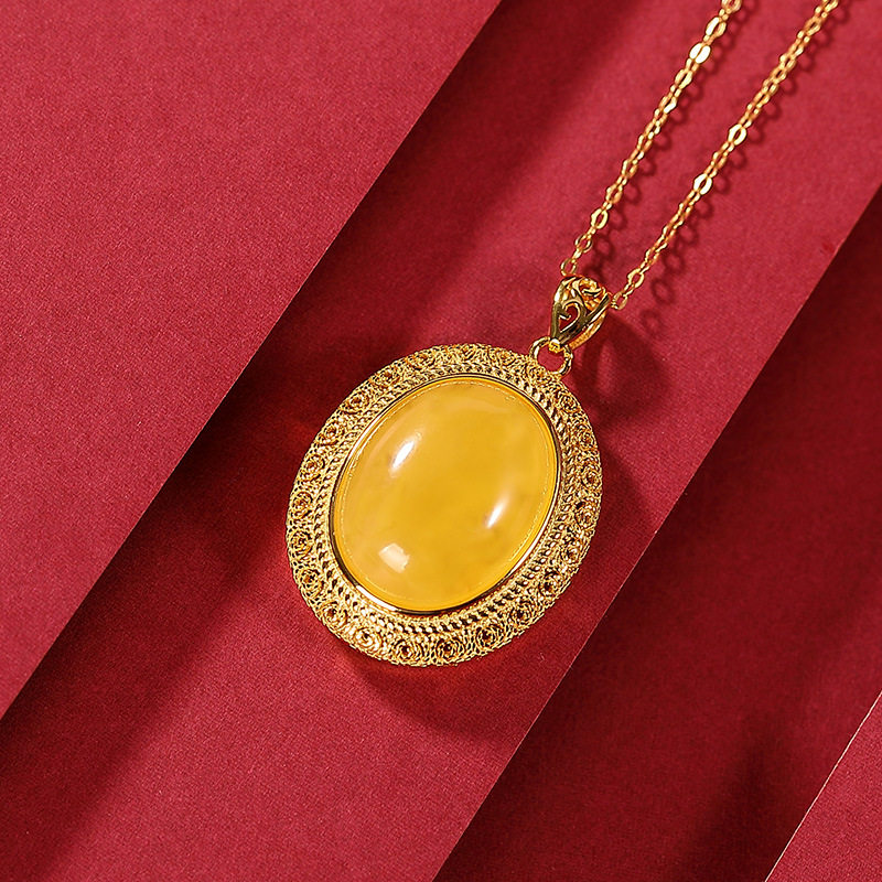 s925纯银镀金蜜蜡吊坠复古古国简约气质蛋面手链