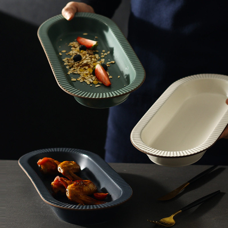 北欧创意陶瓷芝士焗饭盘烤盘家用创意焗盘面包烘培模具椭圆形盘