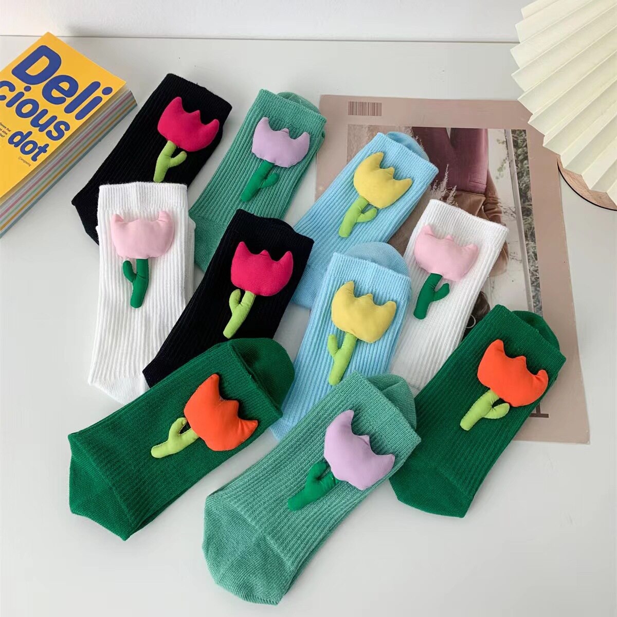 小赞袜铺立体郁金香花朵袜子女ins网红个性少女运动袜