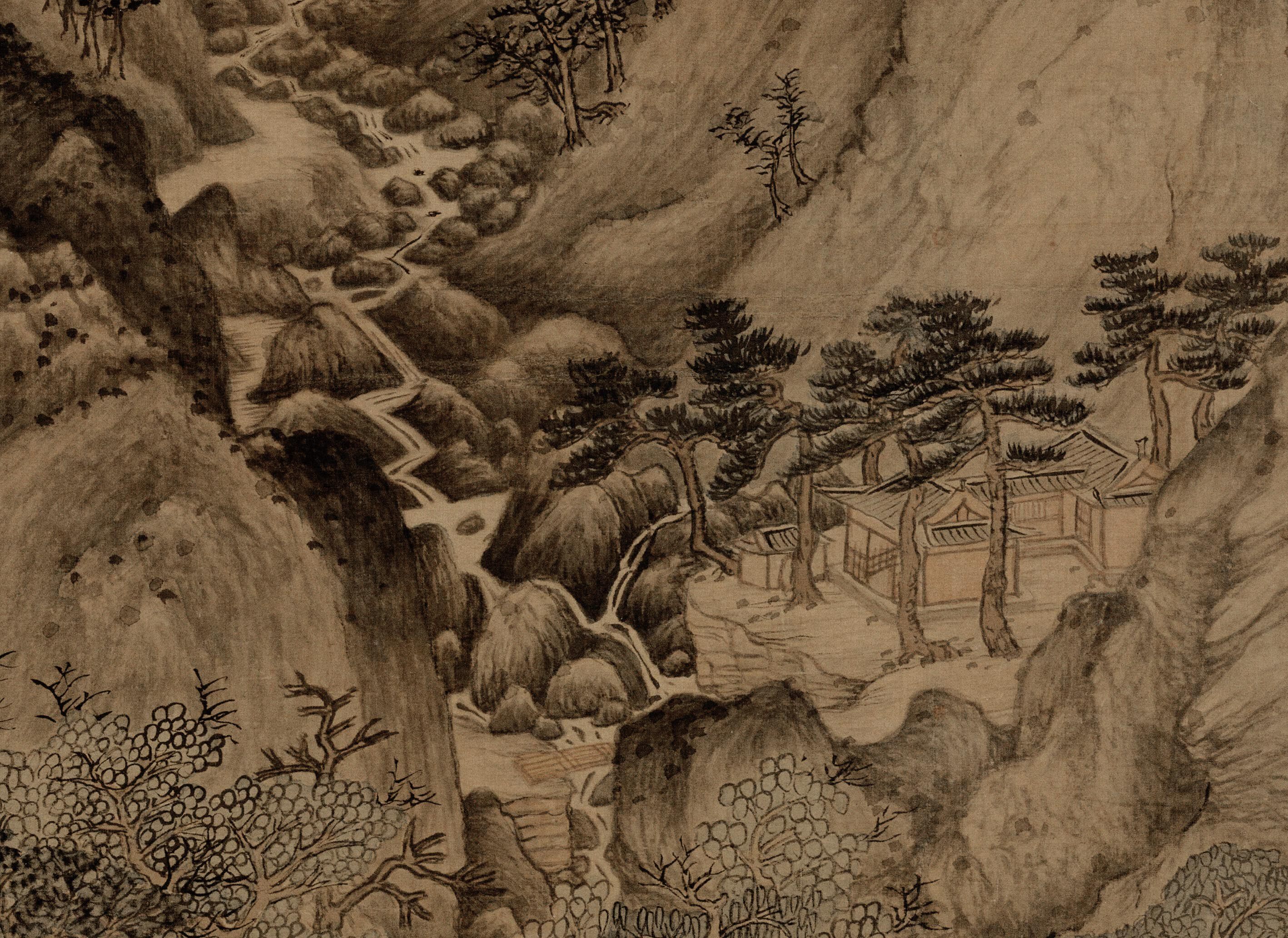 元王蒙夏山高隐图传统山水画绢本设色中式装饰画国画临摹高清微喷