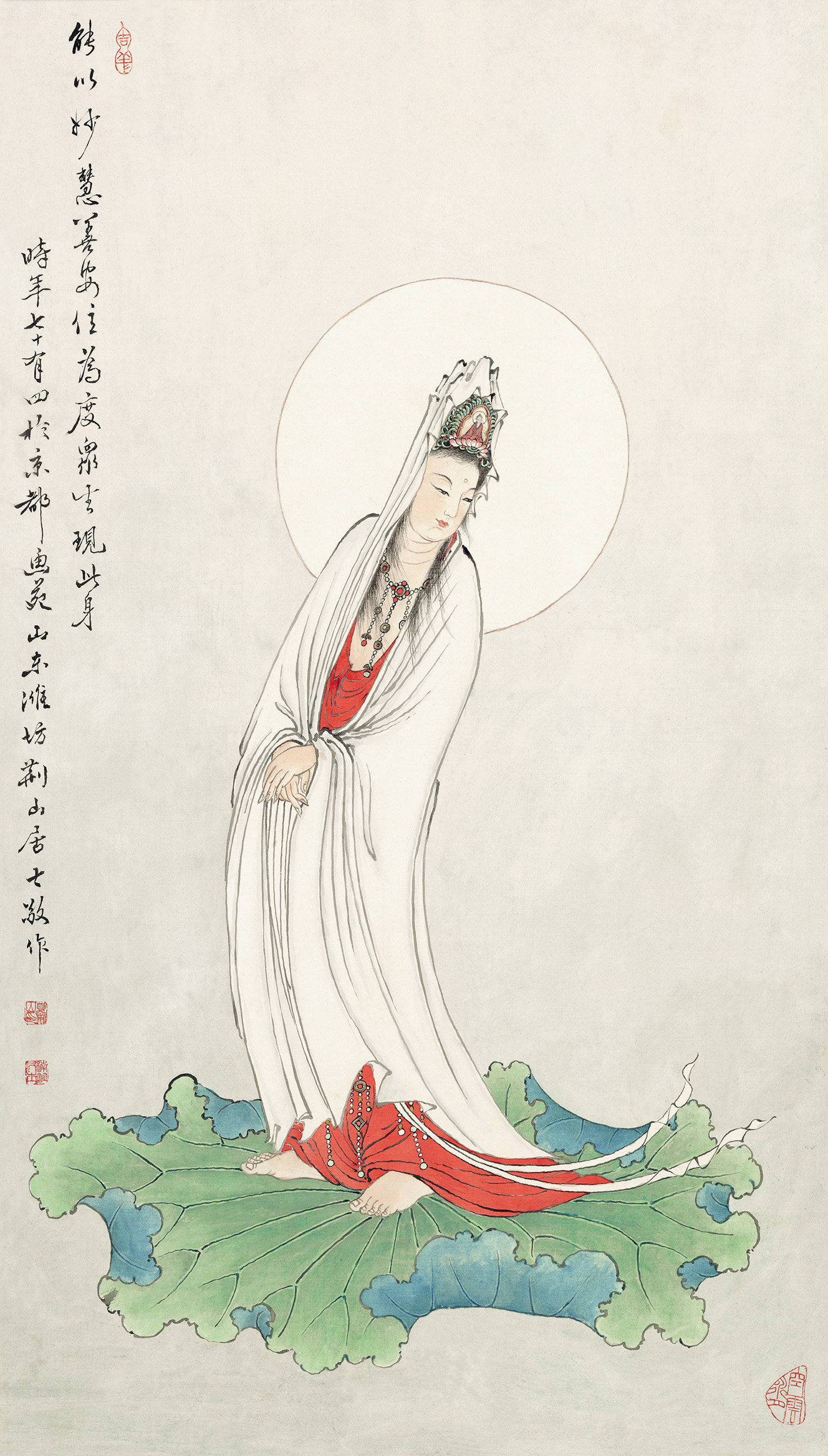 新品近现代夏荆山踏荷观音佛像水墨国画高清艺术国画