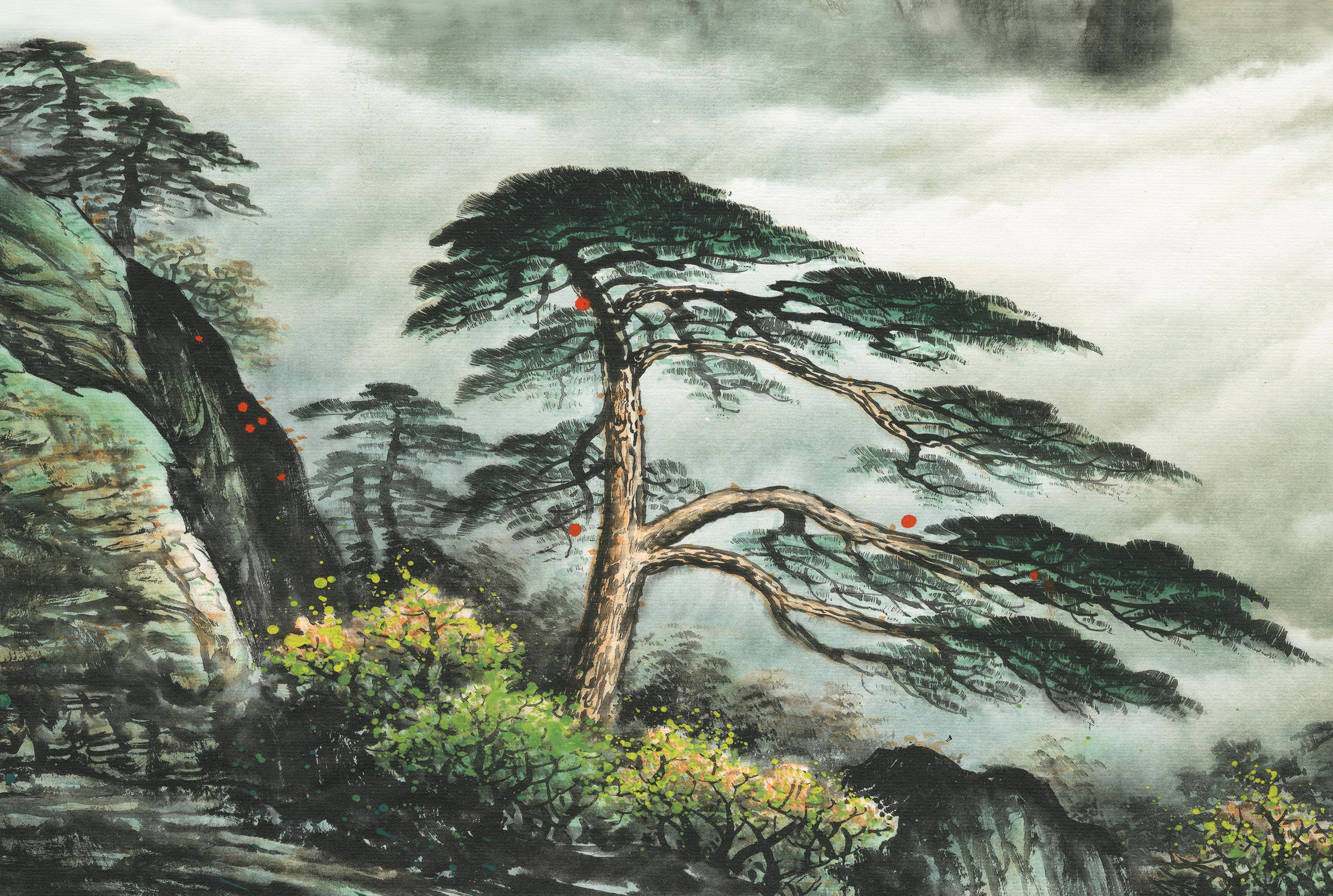 黄山装饰画清微高清微复制国画日出山水画招财靠山国画