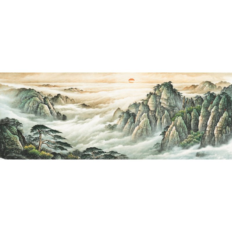 黄山装饰画清微高清微复制国画日出山水画招财靠山国画